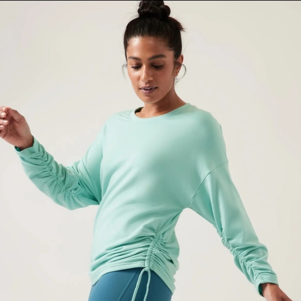 Athleta Lombard Ruched Sweatshirt Reef Green Crew Super Soft XXS